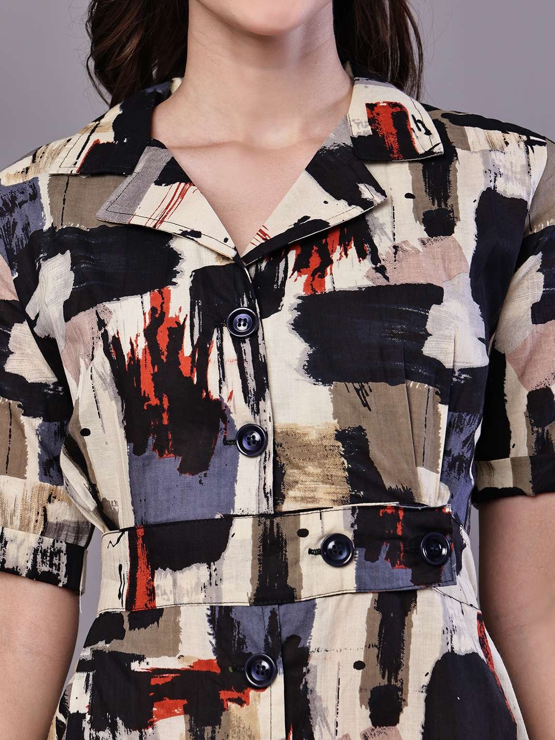 Women's Beige & Black Abstract Print Cotton Shirt Dress Midi Dresses - Image 5