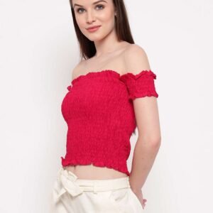 Women's Rayon Solid Off-Shoulder Smocked Crop Top Short Sleeve Casual Styles Tank Top (FREE SIZE) Multi26